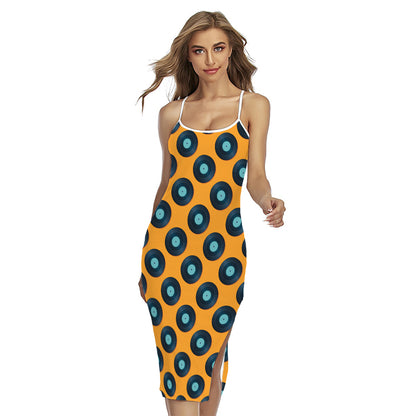 Blue Vinyl Record Pattern Print Cross Back Cami Dress