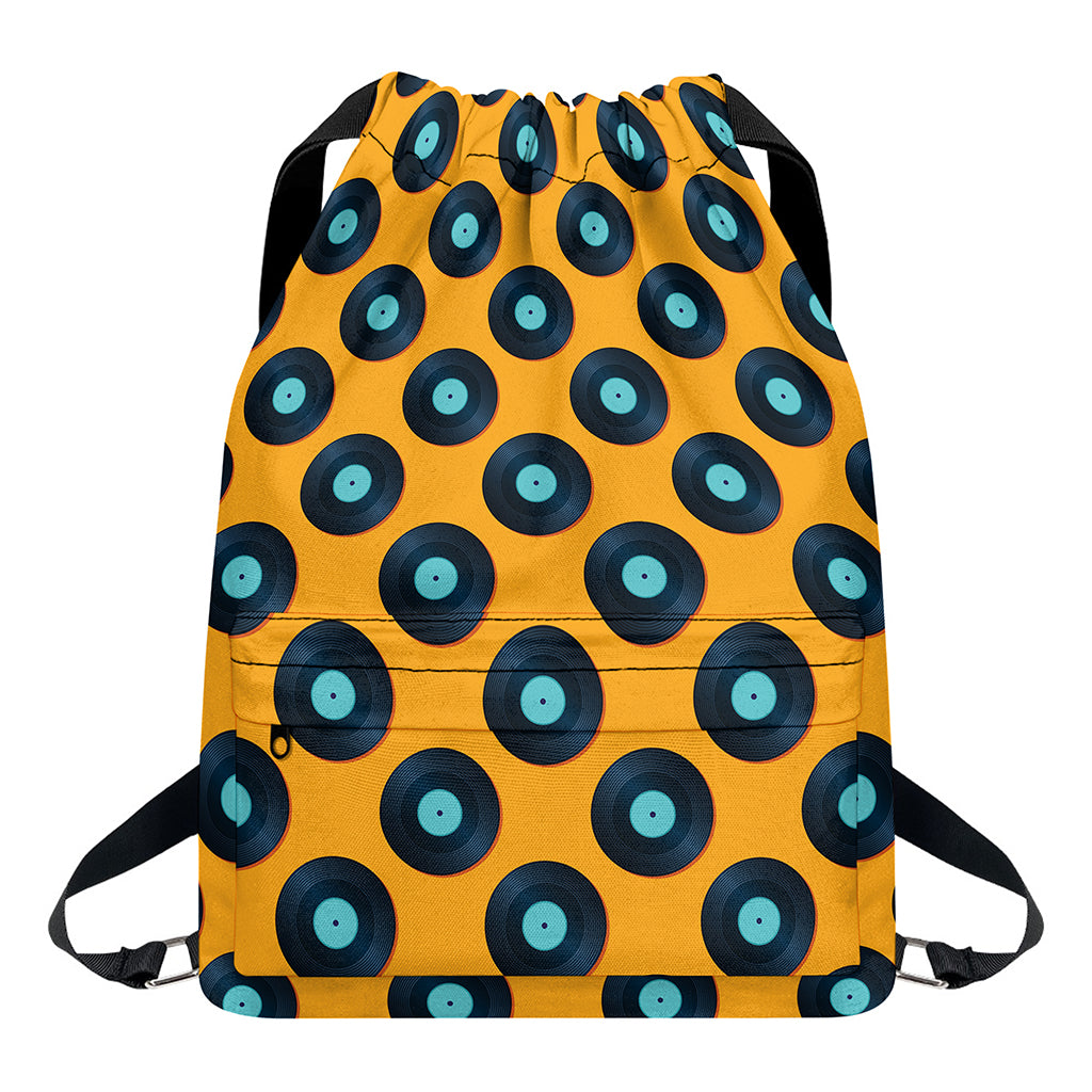 Blue Vinyl Record Pattern Print Drawstring Backpack