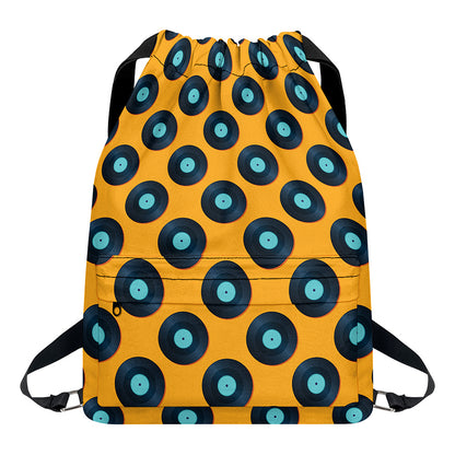 Blue Vinyl Record Pattern Print Drawstring Backpack