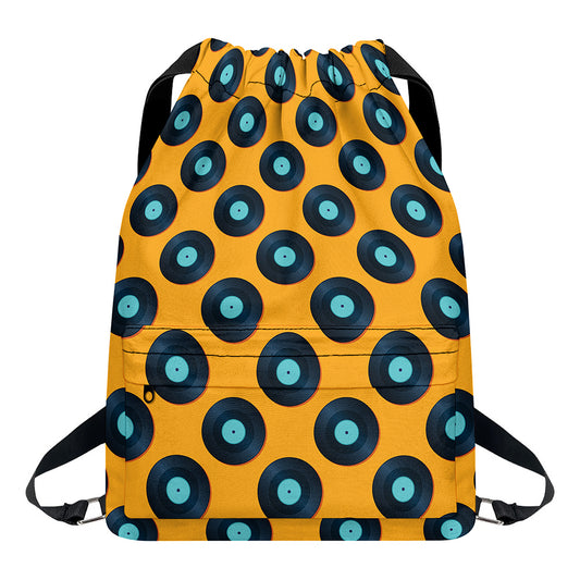 Blue Vinyl Record Pattern Print Drawstring Backpack