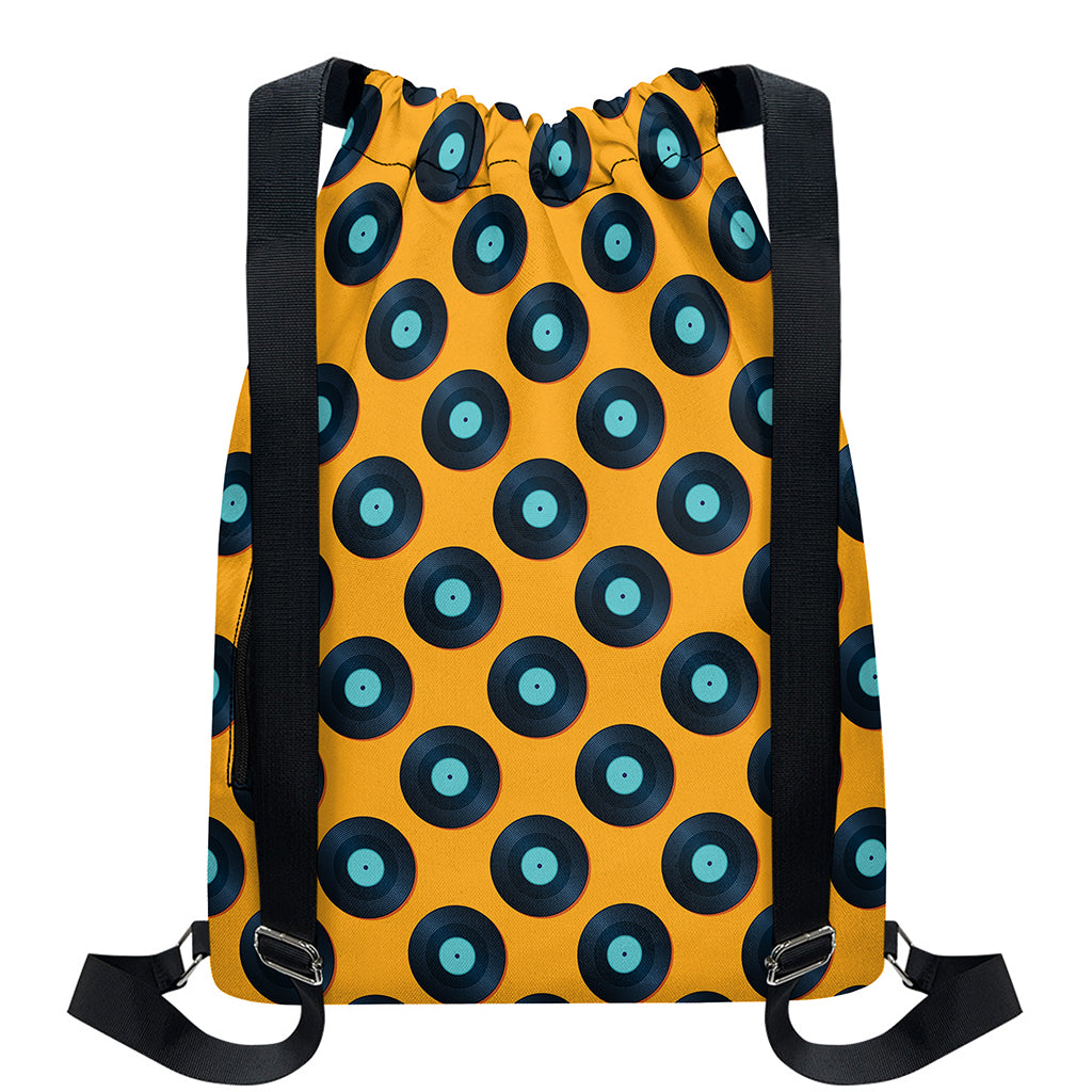 Blue Vinyl Record Pattern Print Drawstring Backpack