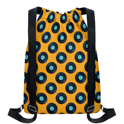 Blue Vinyl Record Pattern Print Drawstring Backpack