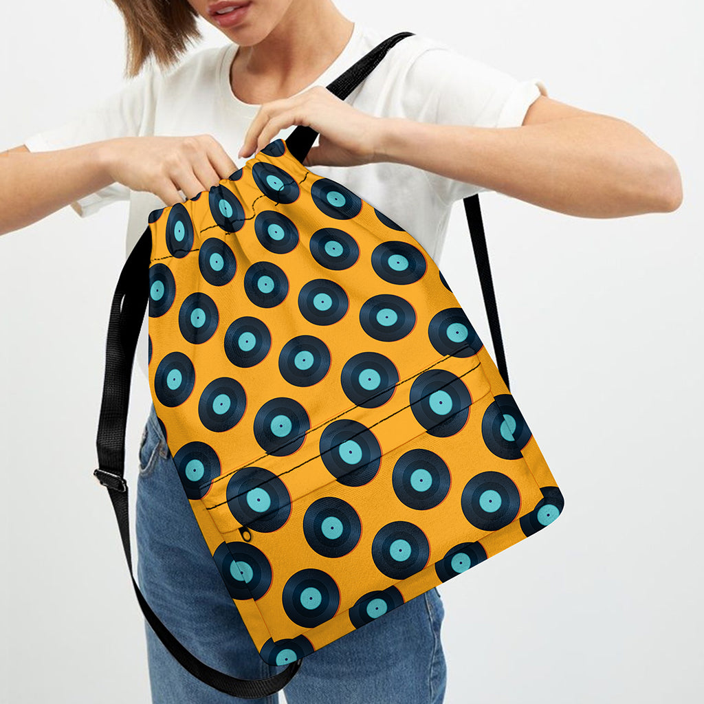 Blue Vinyl Record Pattern Print Drawstring Backpack