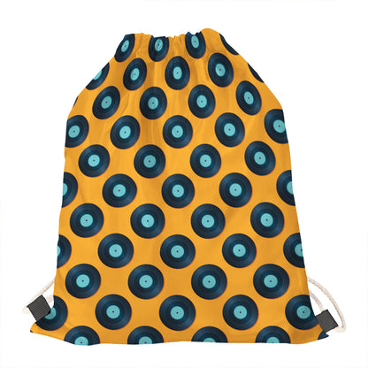 Blue Vinyl Record Pattern Print Drawstring Bag