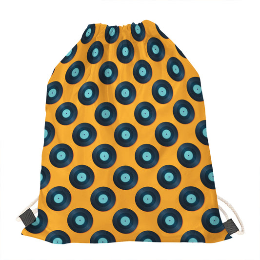 Blue Vinyl Record Pattern Print Drawstring Bag
