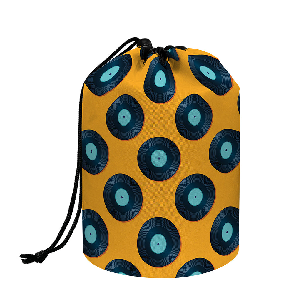 Blue Vinyl Record Pattern Print Drawstring Makeup Bag