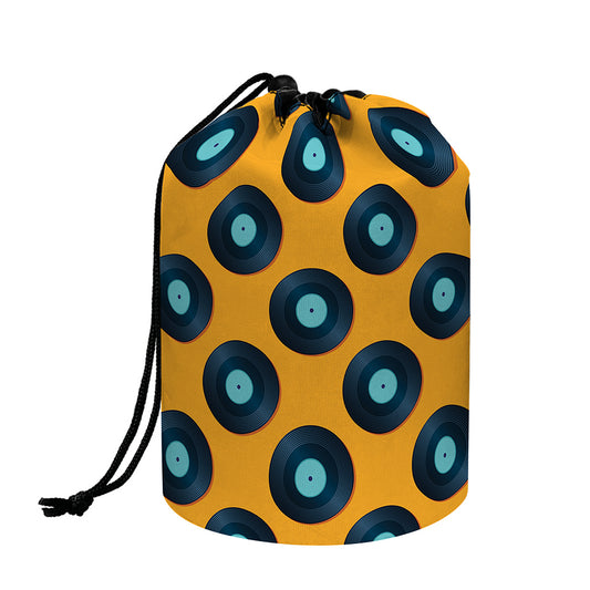Blue Vinyl Record Pattern Print Drawstring Makeup Bag
