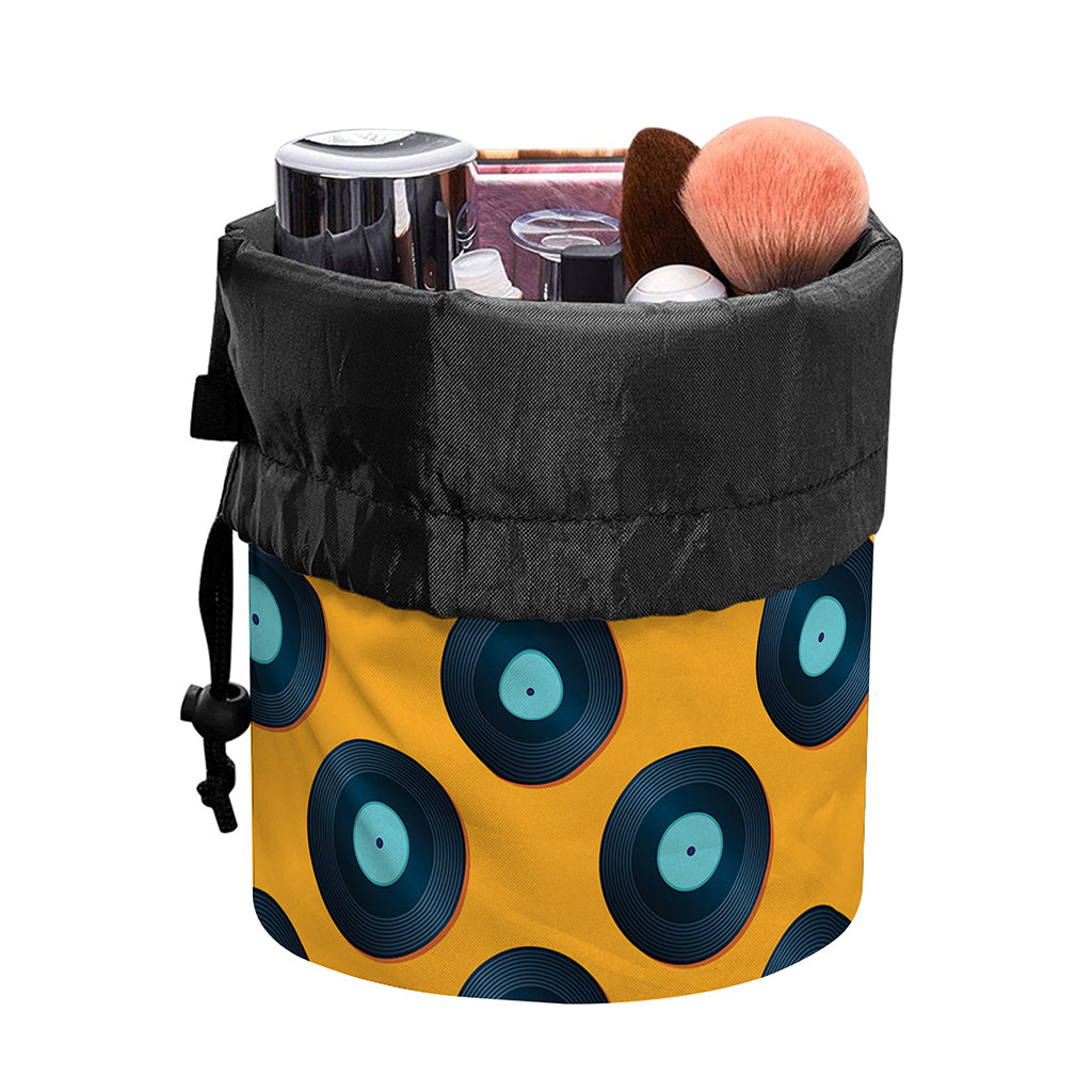 Blue Vinyl Record Pattern Print Drawstring Makeup Bag