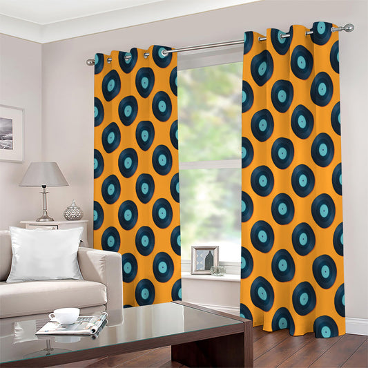 Blue Vinyl Record Pattern Print Extra Wide Grommet Curtains