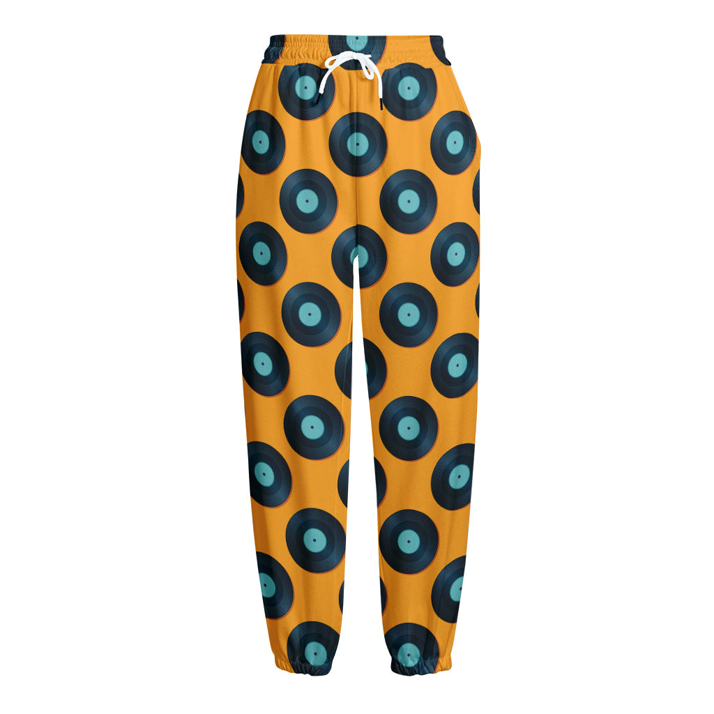 Blue Vinyl Record Pattern Print Fleece Lined Knit Pants