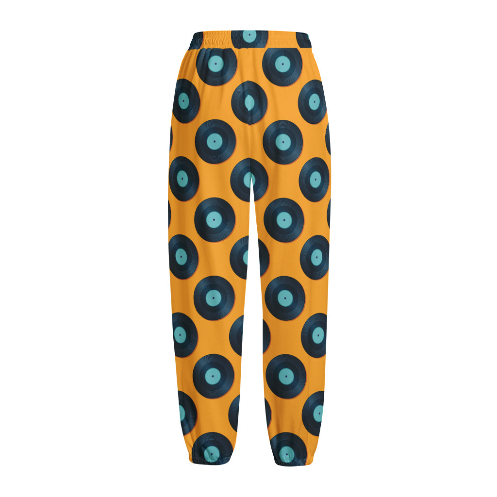 Blue Vinyl Record Pattern Print Fleece Lined Knit Pants