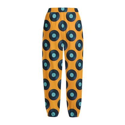 Blue Vinyl Record Pattern Print Fleece Lined Knit Pants