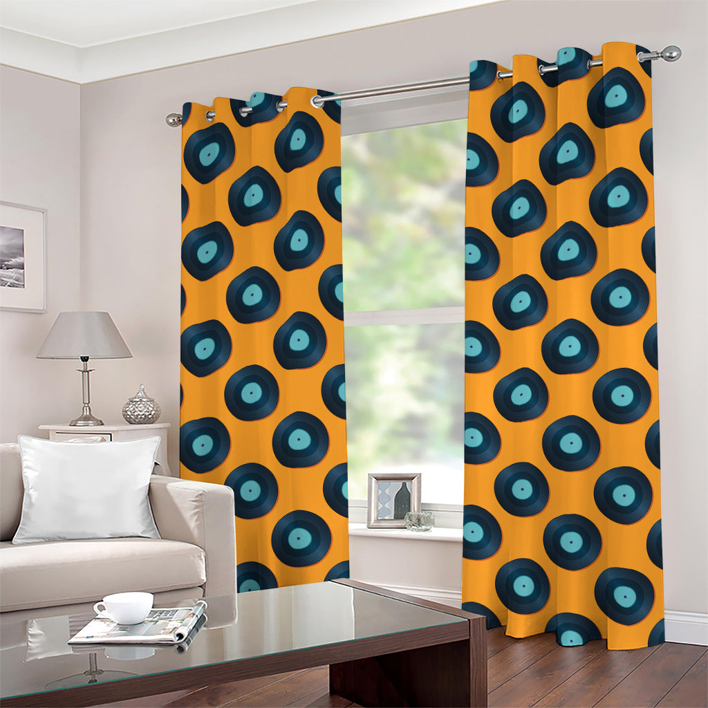 Blue Vinyl Record Pattern Print Grommet Curtains