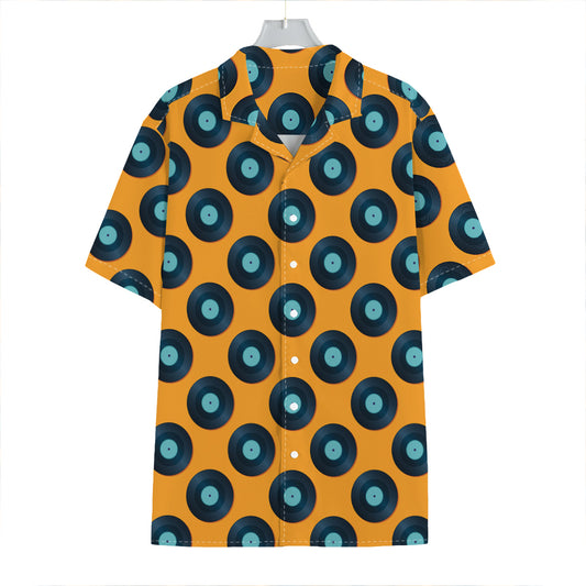 Blue Vinyl Record Pattern Print Hawaiian Shirt
