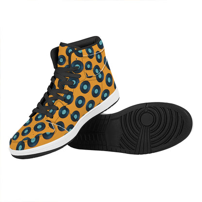 Blue Vinyl Record Pattern Print High Top Leather Sneakers