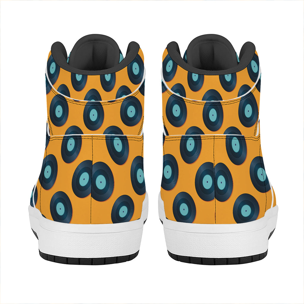 Blue Vinyl Record Pattern Print High Top Leather Sneakers