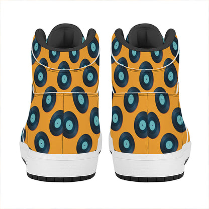 Blue Vinyl Record Pattern Print High Top Leather Sneakers