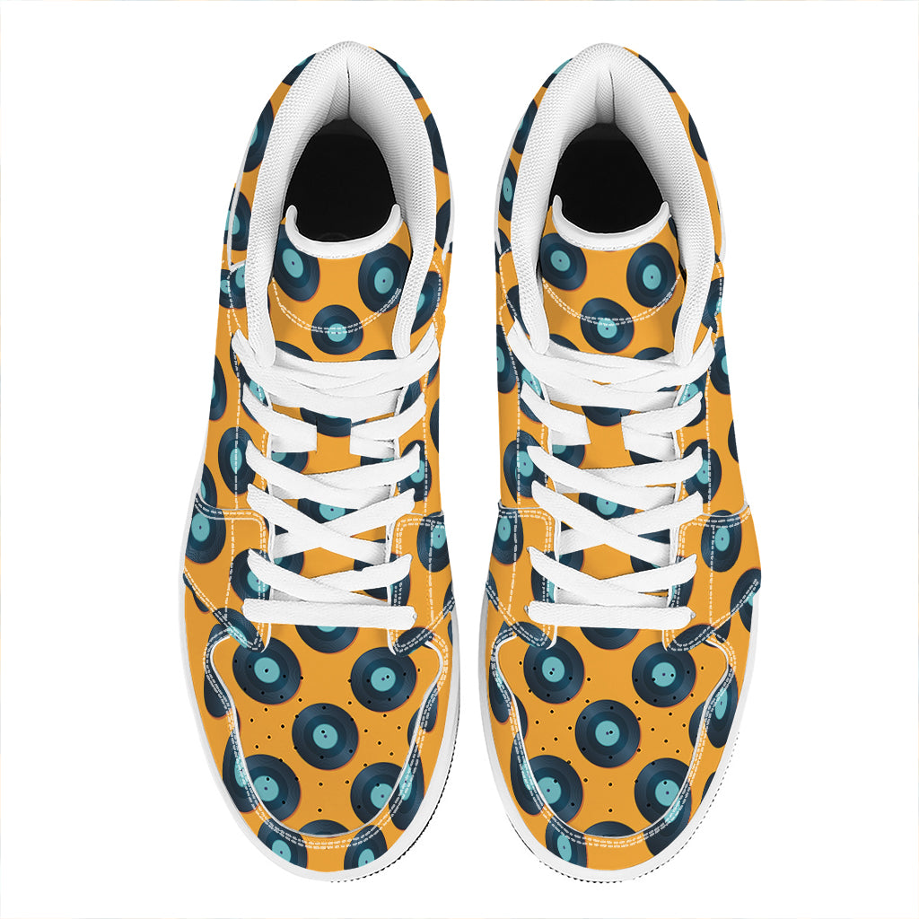 Blue Vinyl Record Pattern Print High Top Leather Sneakers