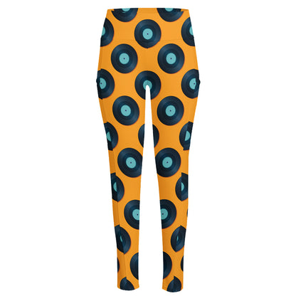 Blue Vinyl Record Pattern Print High-Waisted Pocket Leggings