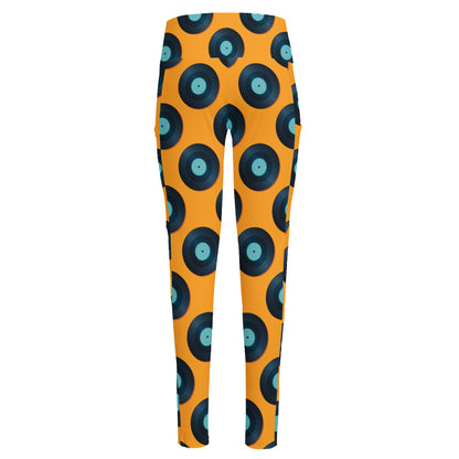 Blue Vinyl Record Pattern Print High-Waisted Pocket Leggings
