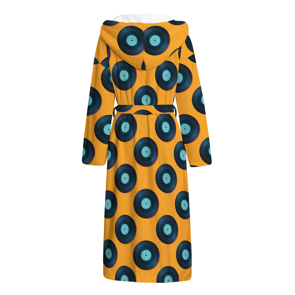 Blue Vinyl Record Pattern Print Hooded Bathrobe