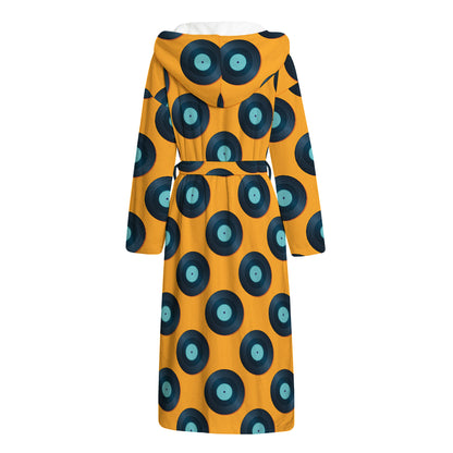 Blue Vinyl Record Pattern Print Hooded Bathrobe