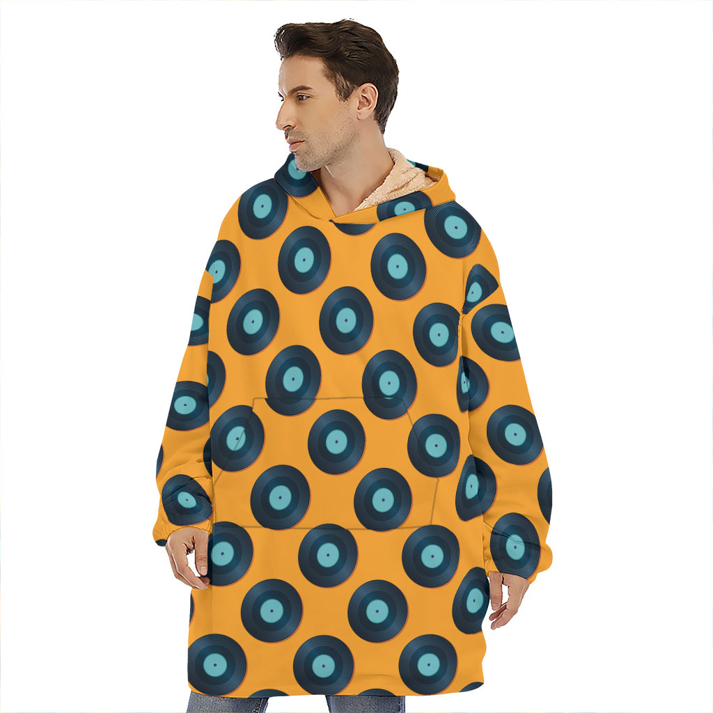 Blue Vinyl Record Pattern Print Hoodie Blanket