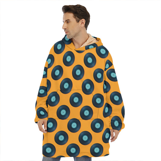Blue Vinyl Record Pattern Print Hoodie Blanket
