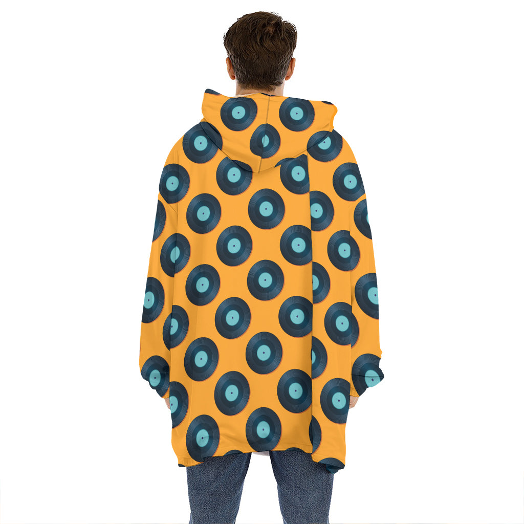 Blue Vinyl Record Pattern Print Hoodie Blanket