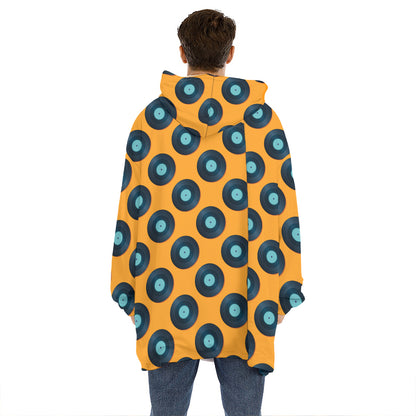 Blue Vinyl Record Pattern Print Hoodie Blanket