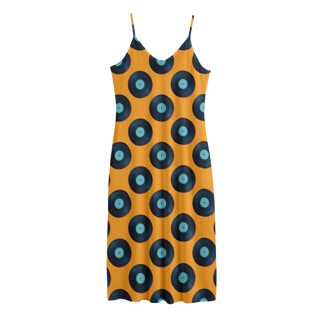 Blue Vinyl Record Pattern Print Jersey Midi Cami Dress