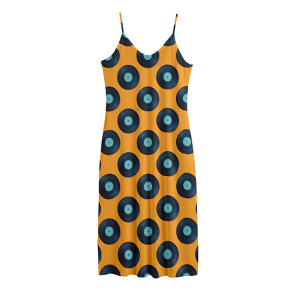 Blue Vinyl Record Pattern Print Jersey Midi Cami Dress