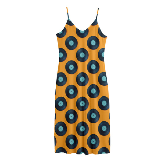Blue Vinyl Record Pattern Print Jersey Midi Cami Dress