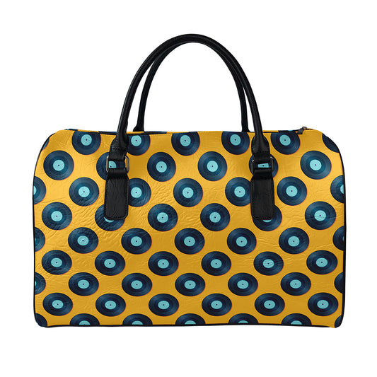 Blue Vinyl Record Pattern Print Leather Duffle Bag