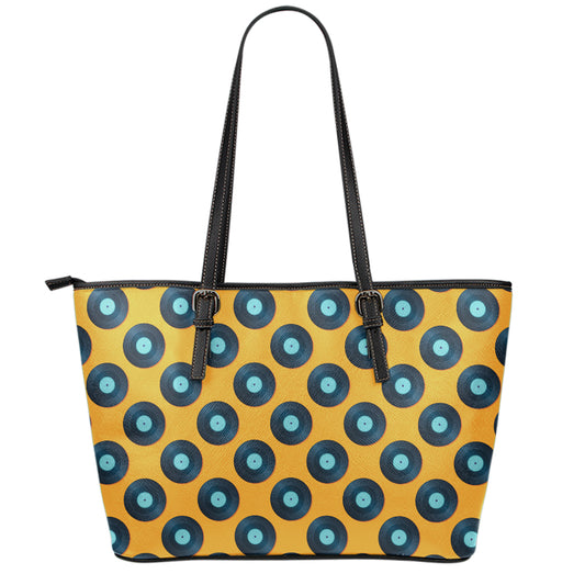 Blue Vinyl Record Pattern Print Leather Tote Bag