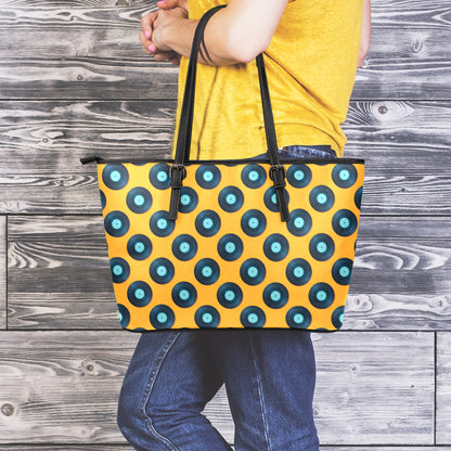 Blue Vinyl Record Pattern Print Leather Tote Bag