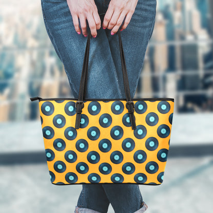 Blue Vinyl Record Pattern Print Leather Tote Bag