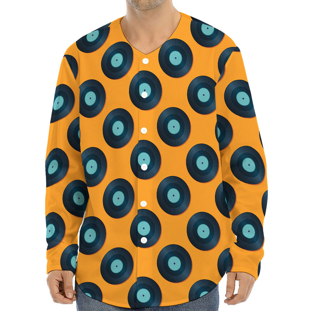 Blue Vinyl Record Pattern Print Long Sleeve Baseball Jersey