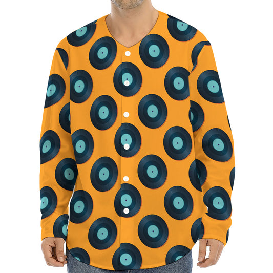 Blue Vinyl Record Pattern Print Long Sleeve Baseball Jersey