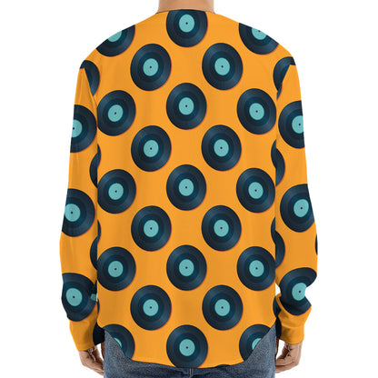 Blue Vinyl Record Pattern Print Long Sleeve Baseball Jersey