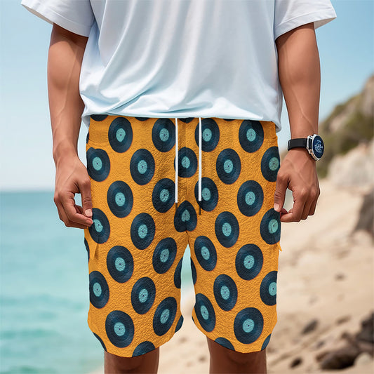 Blue Vinyl Record Pattern Print Men's Cargo Shorts