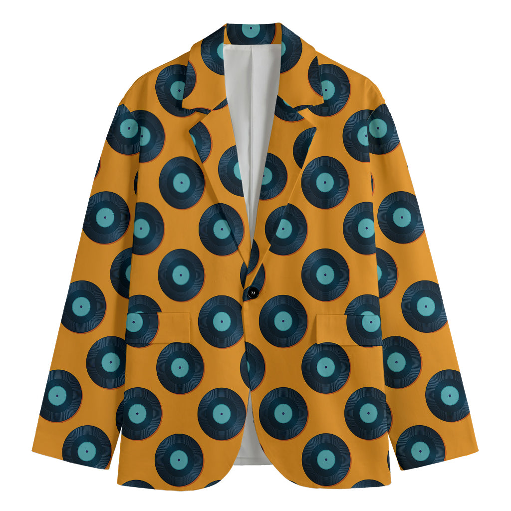 Blue Vinyl Record Pattern Print Men's Cotton Blazer