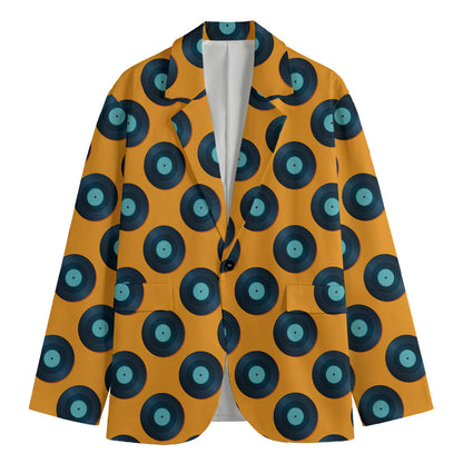 Blue Vinyl Record Pattern Print Men's Cotton Blazer
