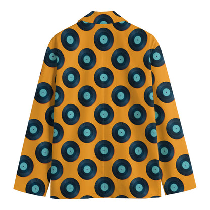 Blue Vinyl Record Pattern Print Men's Cotton Blazer