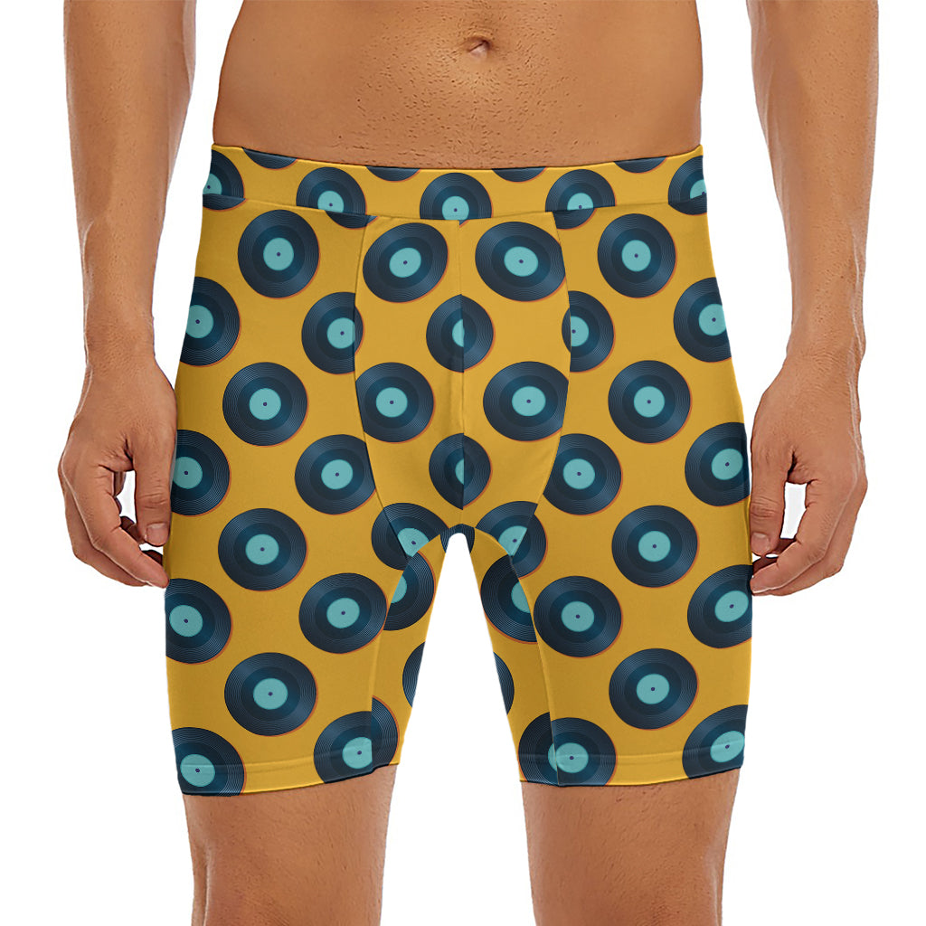 Blue Vinyl Record Pattern Print Men's Long Boxer Briefs