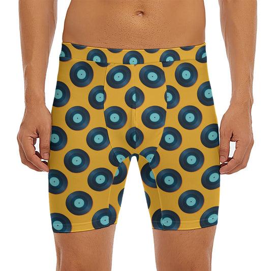 Blue Vinyl Record Pattern Print Men's Long Boxer Briefs