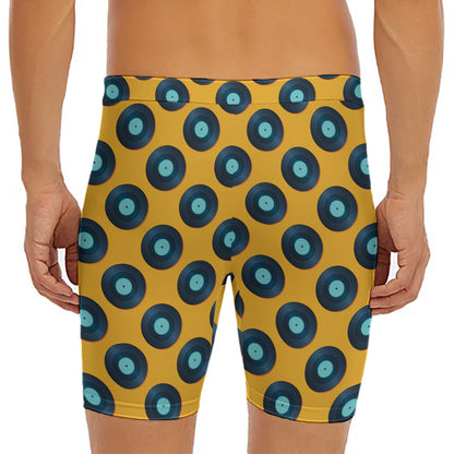 Blue Vinyl Record Pattern Print Men's Long Boxer Briefs