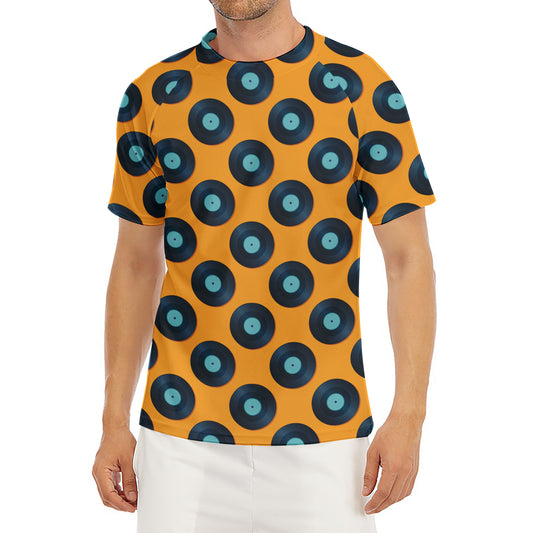 Blue Vinyl Record Pattern Print Men's Short Sleeve Rash Guard