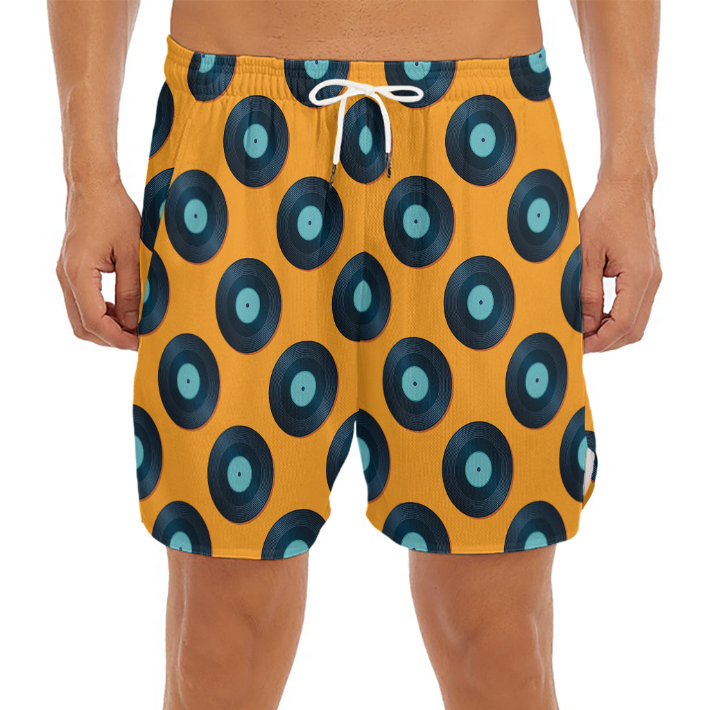 Blue Vinyl Record Pattern Print Men's Split Running Shorts