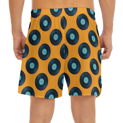Blue Vinyl Record Pattern Print Men's Split Running Shorts